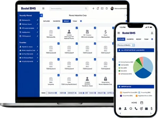 Bostel BMS CRM on a laptop and iPhone showing customer records, opportunities, and sales charts